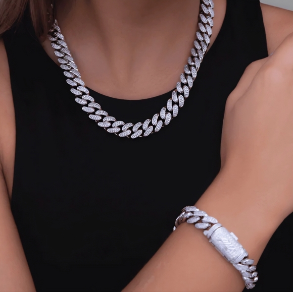 Diamond Cuban Chain + Bracelet Set/ Bundle 12mm (Both Pieces Included) GLD (NIB) - Picture 3 of 11